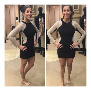 Xscape Black Mesh Bodycon Sheath Dress Rhinestone